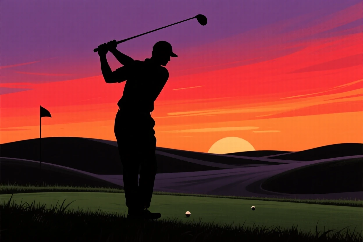 A golfer completing a full swing on a fairway lit by the setting sun.