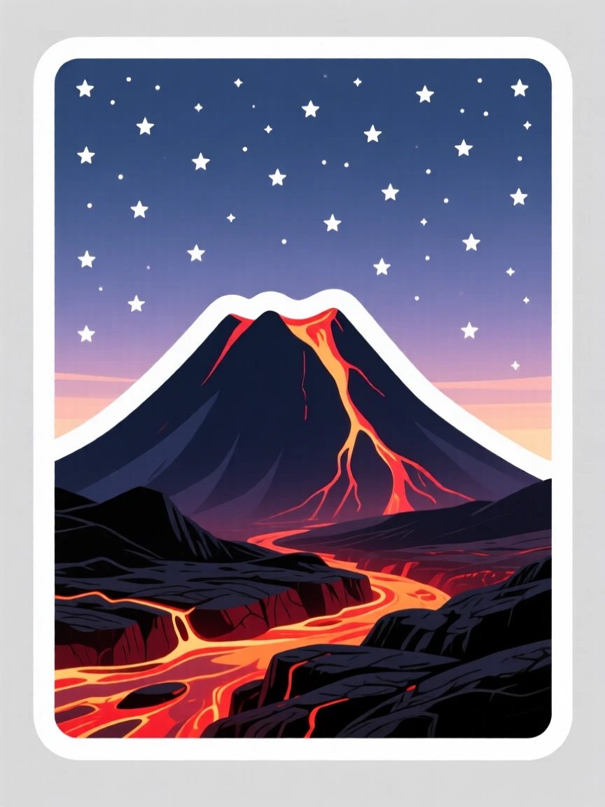 A softly glowing volcanic landscape with glowing lava cracks, under a blanket of twinkling stars, during the quiet hours of early morning.