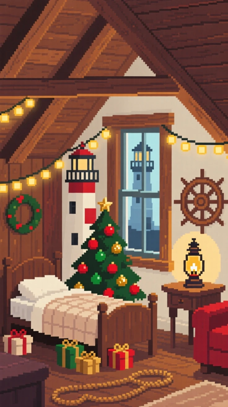 A tiny attic bedroom decorated for the holidays with tiny ornaments, within a lighthouse keeper's living room.