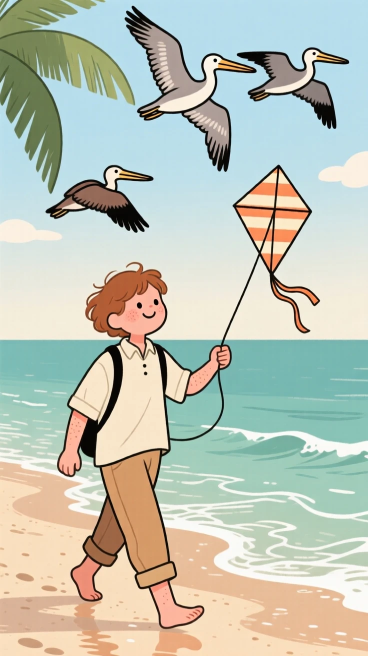 Waves roll gently onto a wide tropical beach where a lone traveler walk along the shoreline, flying a small kite as pelicans glide overhead.