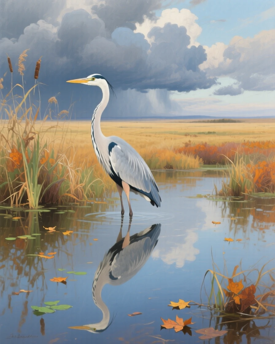 A centered composition of a heron standing motionless in a still, reflective marsh, in the Argentine pampas, as autumn leaves turn gold, beneath heavy grey storm clouds.