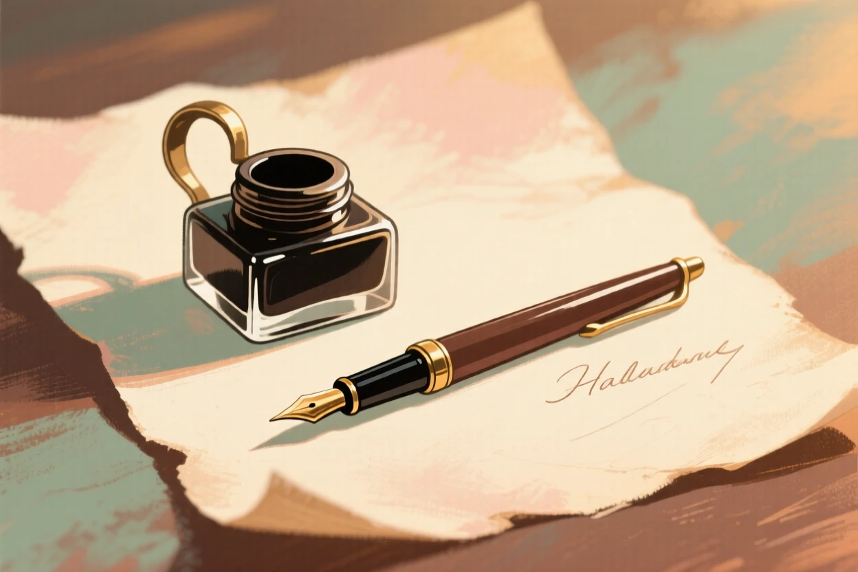An antique inkwell and fountain pen resting on parchment paper