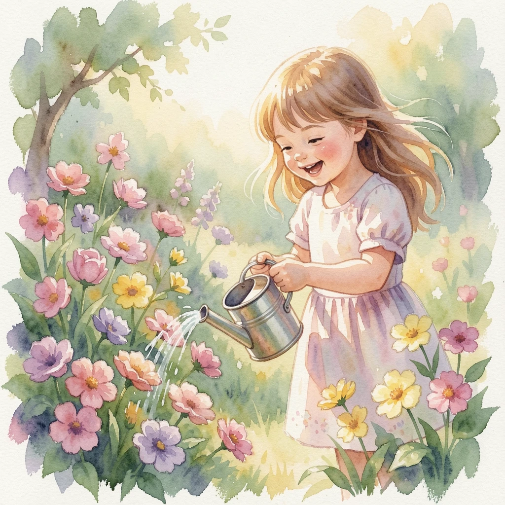 A little girl watering flowers with a small tin can with laughter filling the air.