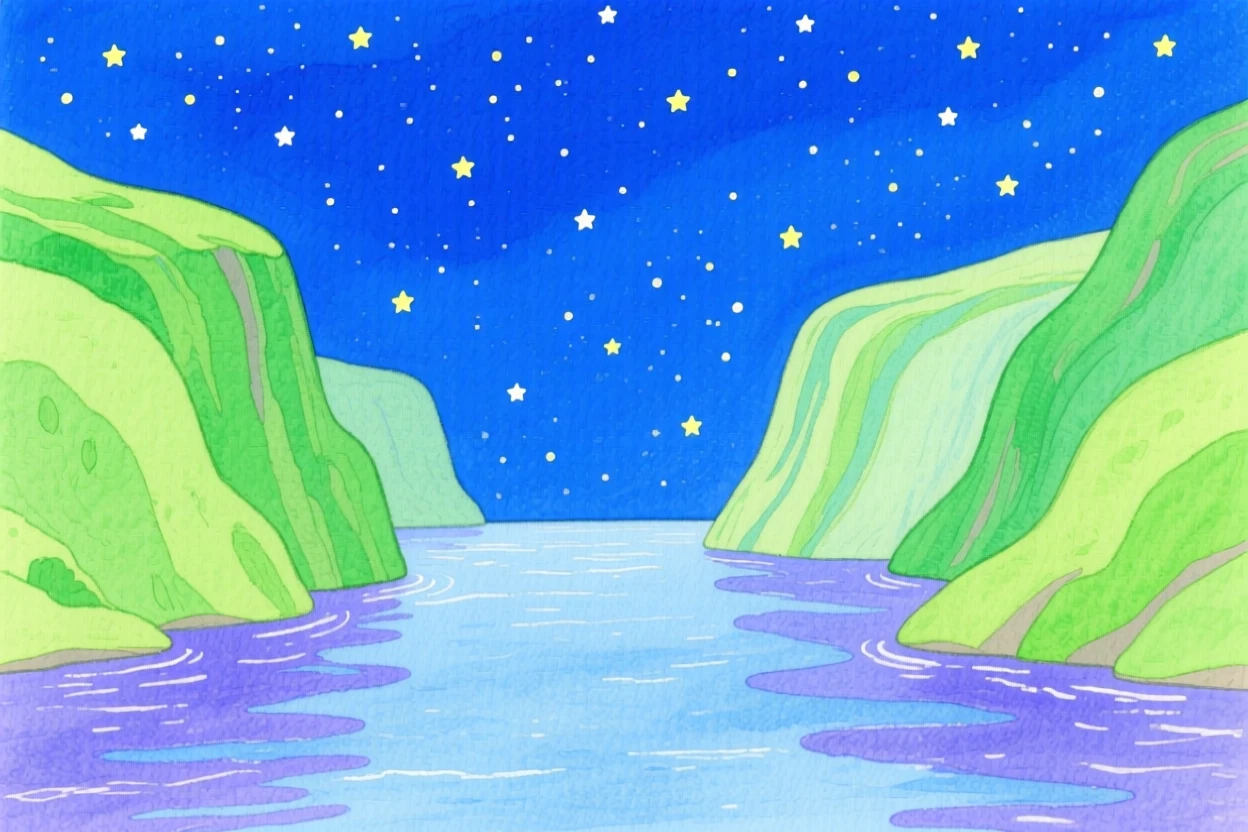 A quiet fjord between steep green cliffs, peaceful and vast, beneath a starry night sky.