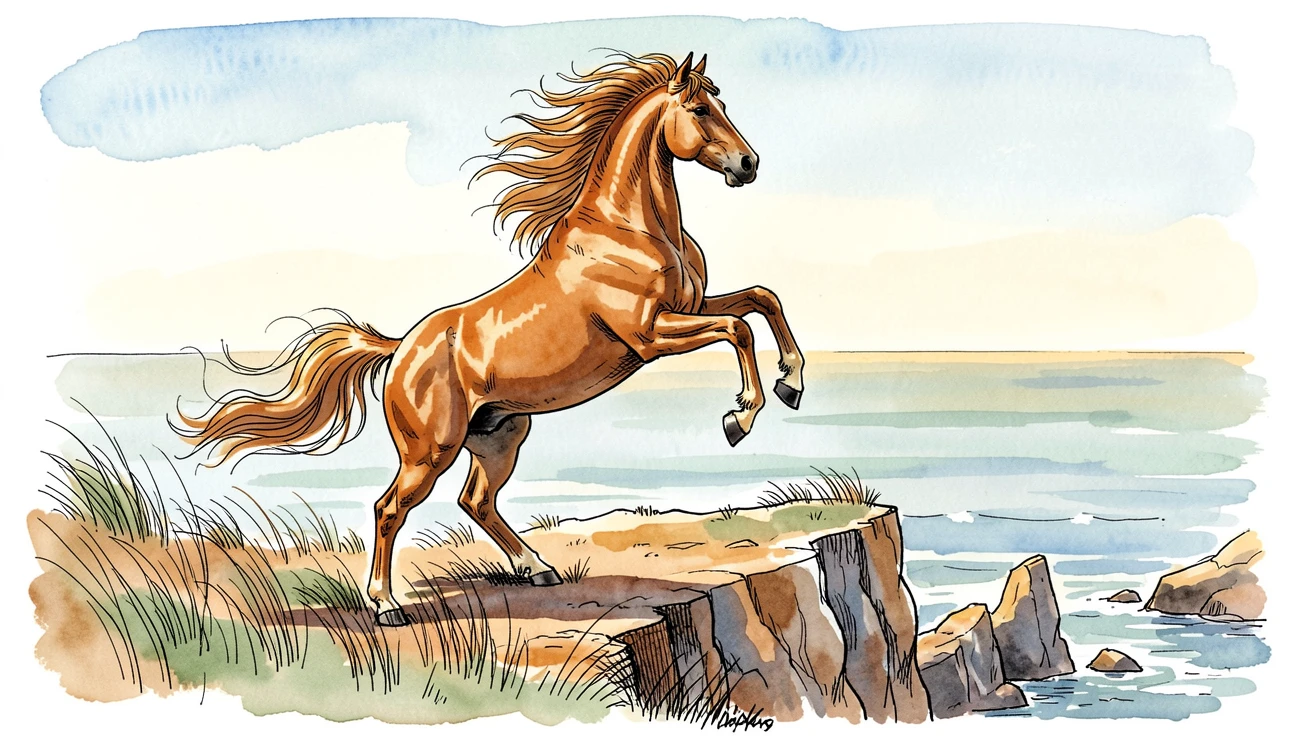 A stallion rearing on a windswept coastal bluff, the golden light of late afternoon warming the scene.