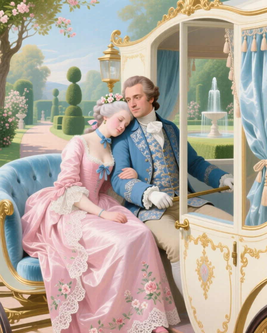 A noblewoman resting her head on her beloved’s shoulder during a carriage ride  