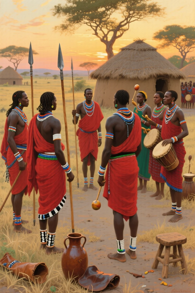 A traditional Maasai ceremony with warriors dressed in vibrant red and beadwork, capturing the customs and craftsmanship unique to the era, designed to feel both historically authentic and visually striking