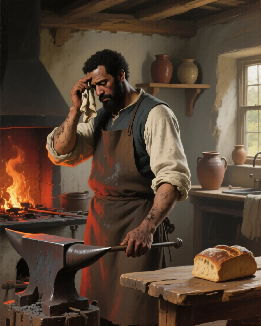 A blacksmith wiping soot from his brow beside a glowing forge holding perfectly still in contemplative silence, set in a modest cottage kitchen filled with the smell of bread, with worn hands and a face lined by years of quiet labor; a tight three-quarter portrait draws focus entirely to the expression, evoking tenderness, memory, and unspoken emotion.