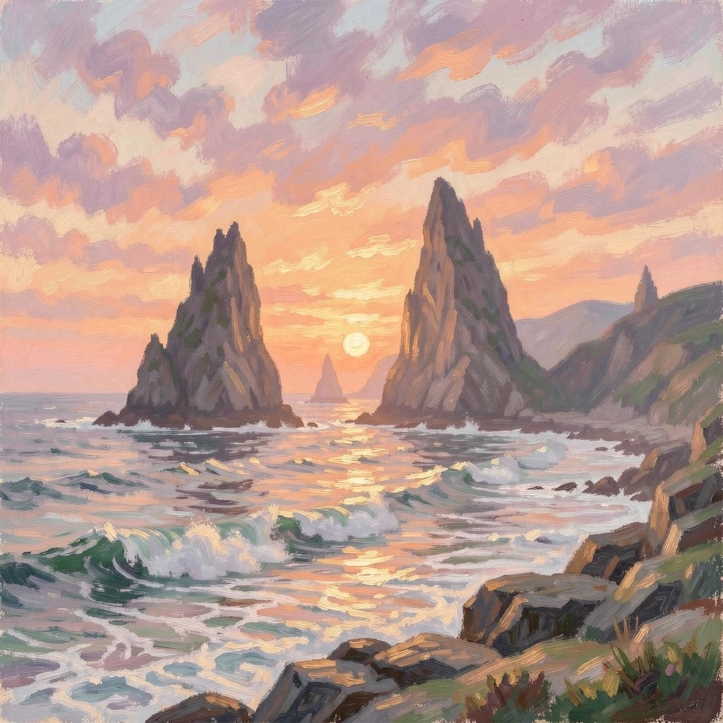 A dramatic coastal sunset with waves crashing against sea stacks along a rugged Pacific shoreline.