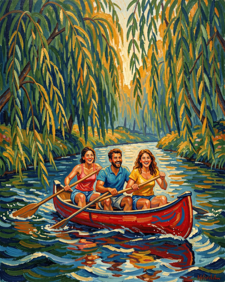A group of friends canoeing down a quiet river beneath overhanging willow branches.