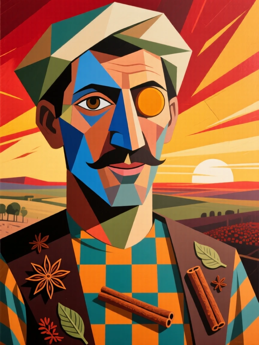 A close-up portrait of a spice trader smiling gently as the first light of dawn touches the horizon.