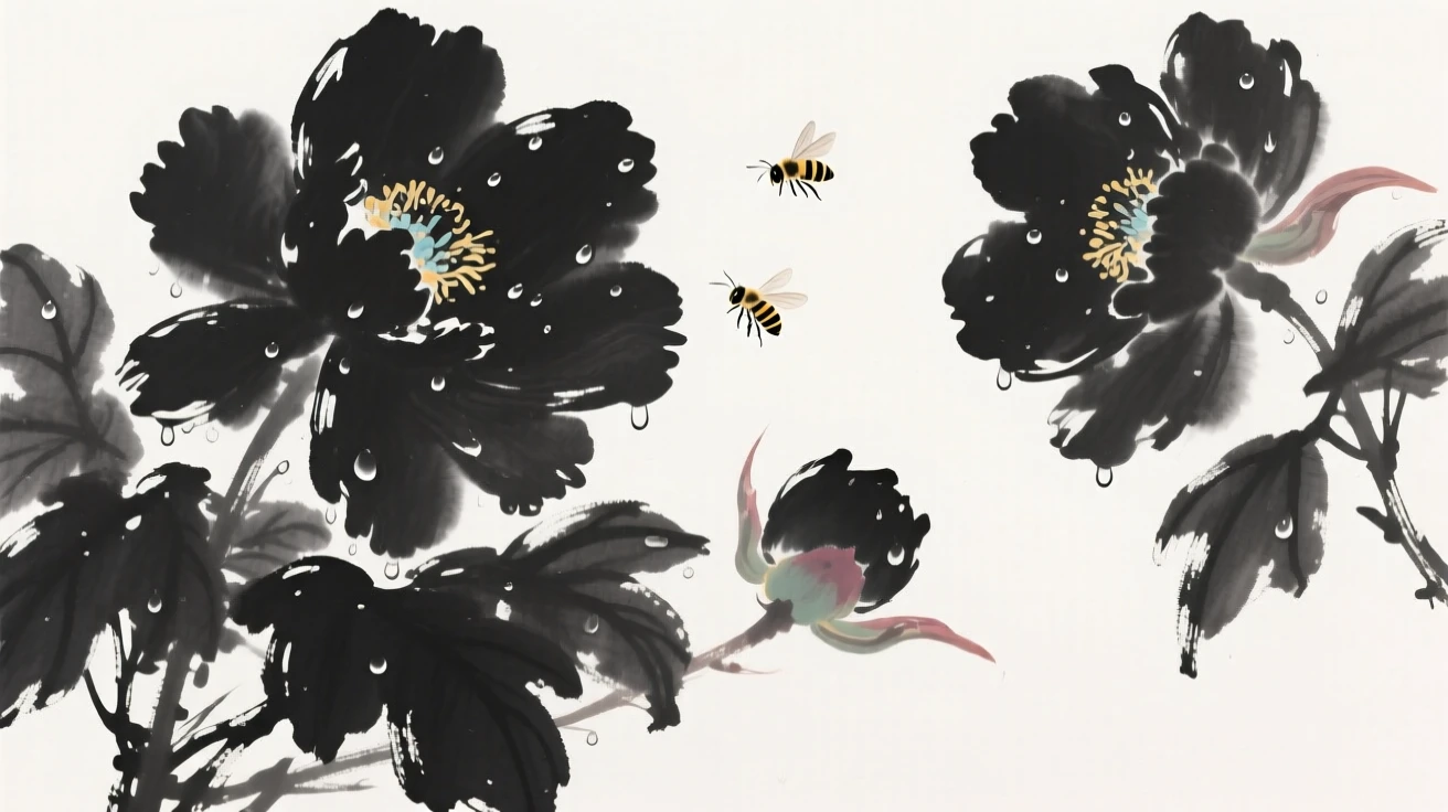 Large peony blossoms droop heavily under the weight of morning dew, as bees drift lazily between the blossoms.