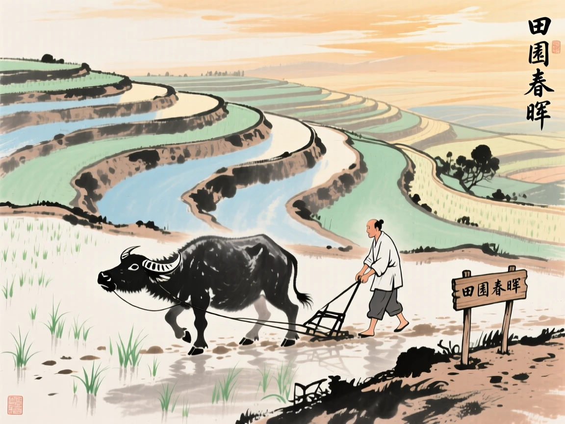 A farmer plowing a terraced field with the help of a water buffalo, brimming with peaceful contentment, in the soft light of late afternoon.