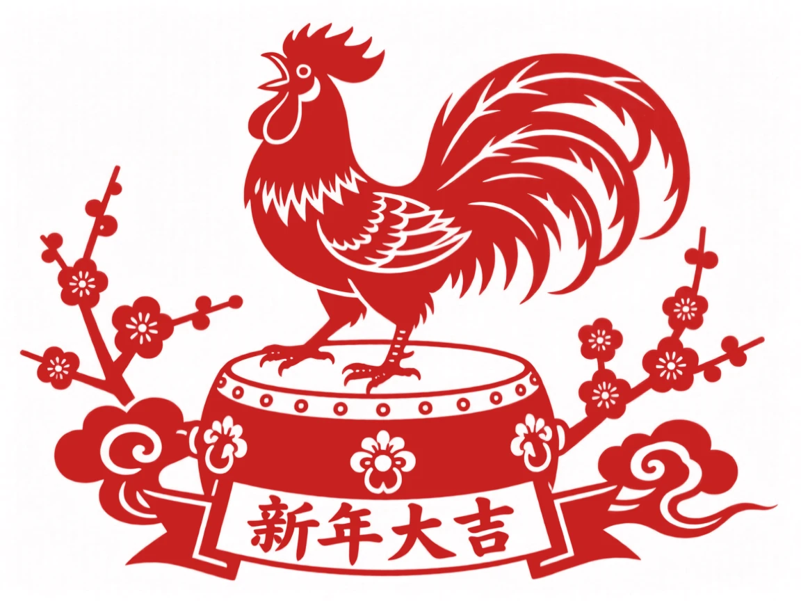 A rooster standing atop a drum, crowing at dawn to summon prosperity into the new year