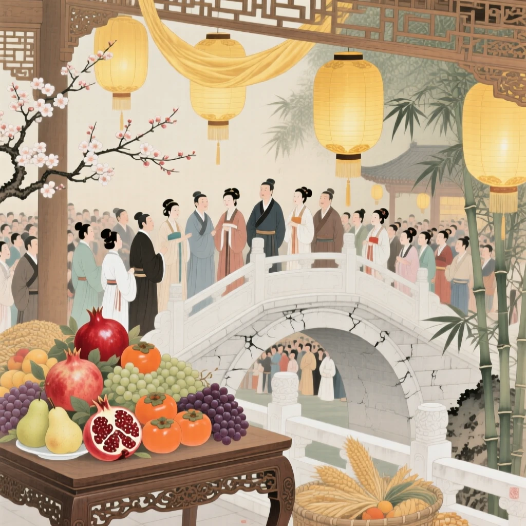 A harvest festival with tables piled high with fruit and golden lanterns, seen from a bridge overlooking the crowd