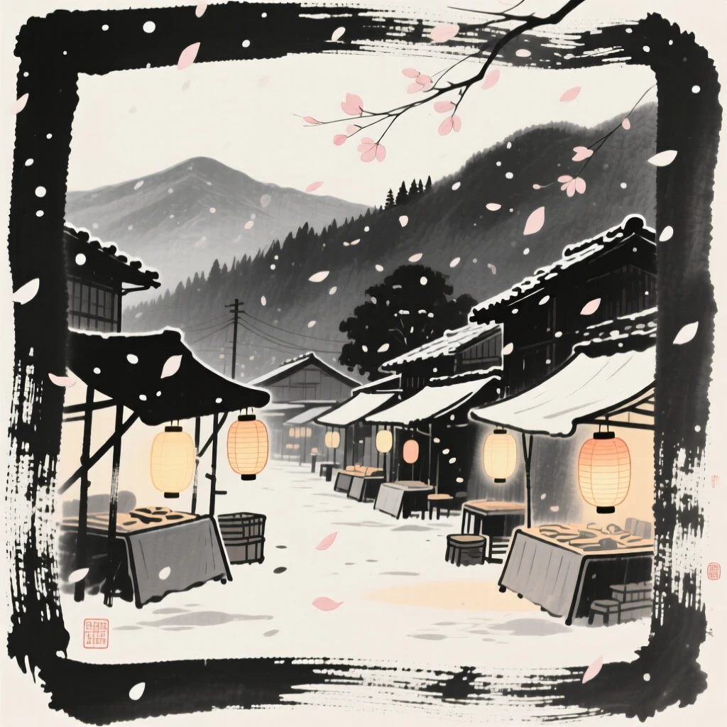 A midsummer evening market lit by paper lanterns in a quiet mountain village, framed through drifting petals or falling snow for depth, conveying cozy stillness and seasonal wonder.