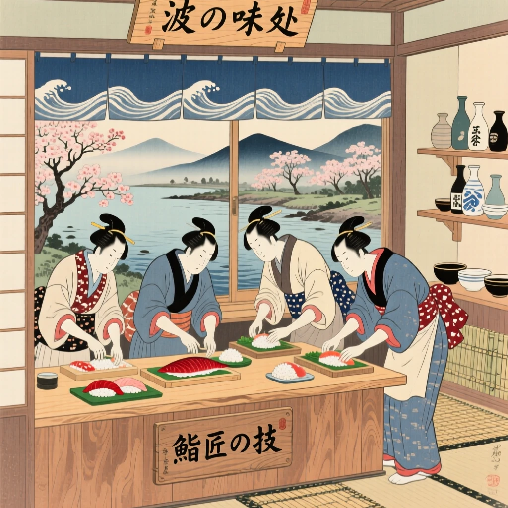 Fishermen preparing sushi with precise movements behind a counter.