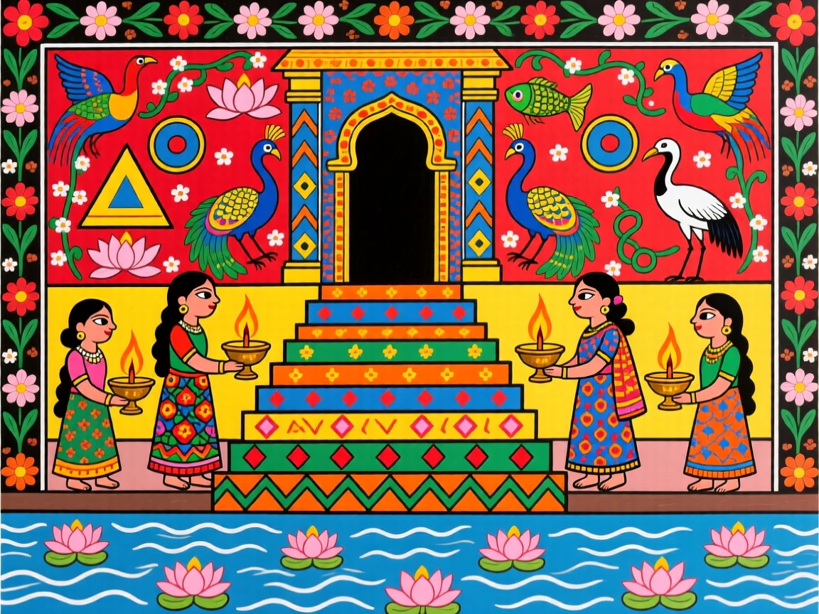 Pilgrims lighting oil lamps along the steps of a riverside temple.