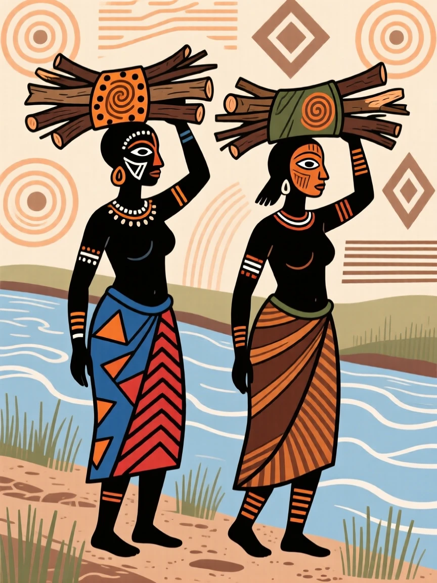 Women carrying bundles of firewood home beside a slow-moving river.