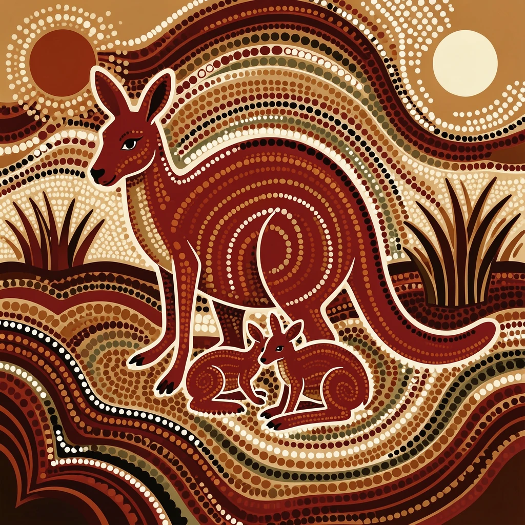 A red kangaroo watching over its young