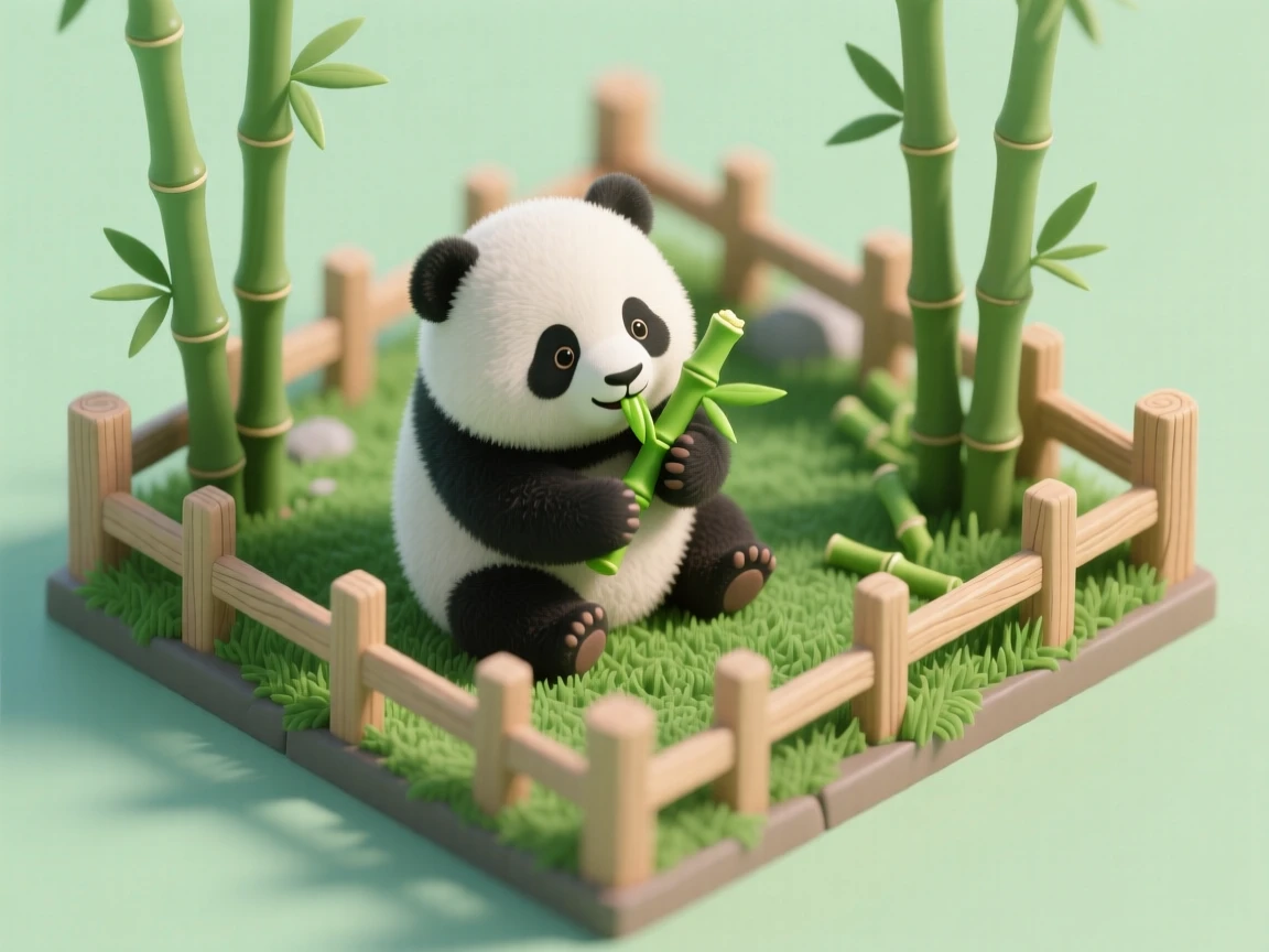 A fluffy baby panda munching on bamboo shoots, sitting contentedly in a lush green enclosure.