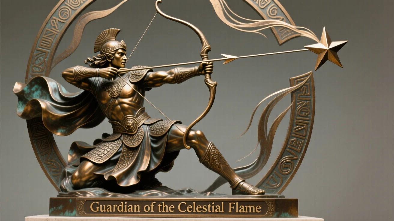 A legendary archer aiming at a falling star, with an aura of ancient power, radiating awe and grandeur