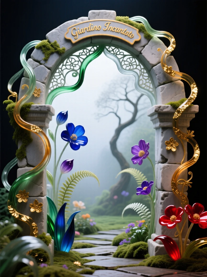 An ancient stone archway leading into a mist-covered enchanted garden, mysterious and inviting.