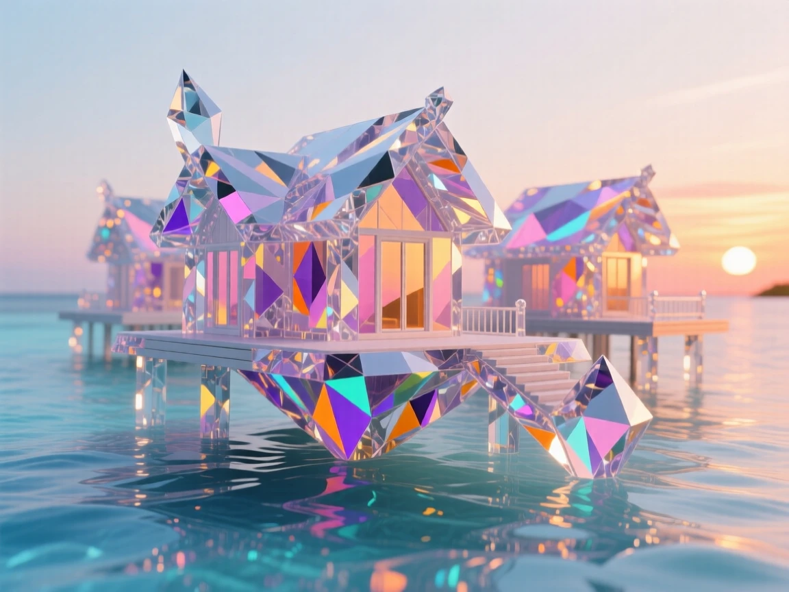 A floating overwater bungalow resort in the Maldives at sunset.