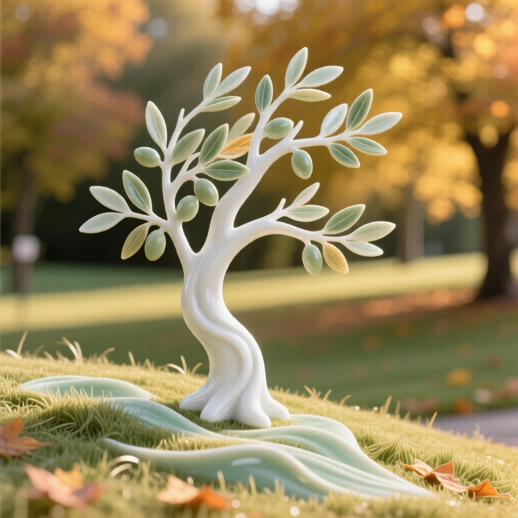 A wind-swept olive tree standing alone on a grassy hill in a golden autumn park.