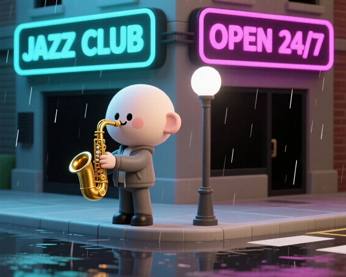 A jazzy musician plays a golden saxophone on a rain-slicked city street corner beneath glowing neon signs.