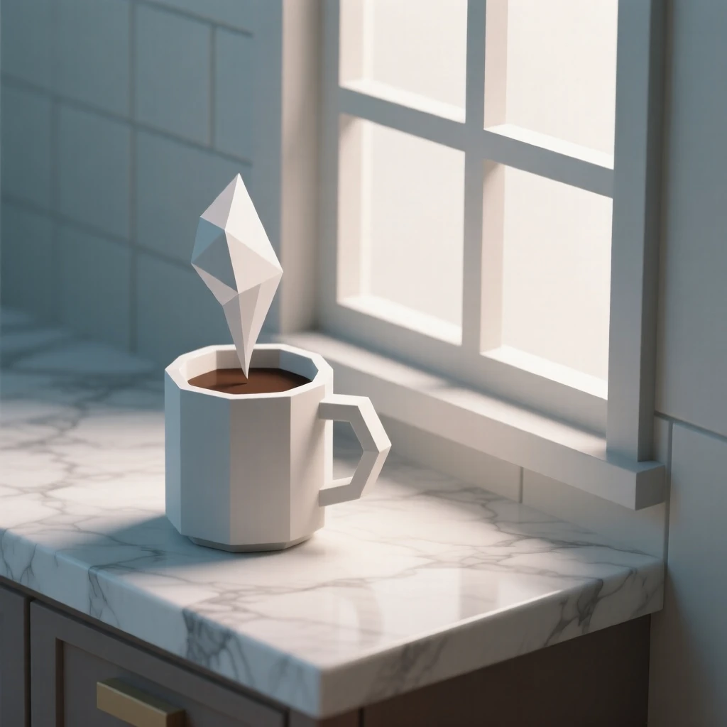 A steaming cup of coffee beside a cozy window, on a marble countertop. soft natural light highlights rich textures and colors. The mood is fresh and appetizing.