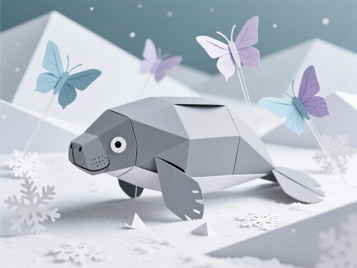 A gentle manatee wandering through a snowy landscape, with butterflies fluttering nearby, conveying quiet dignity and grace.