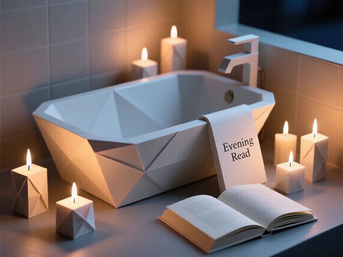 A quiet evening bath scene with candles lit and a book propped against the faucet.