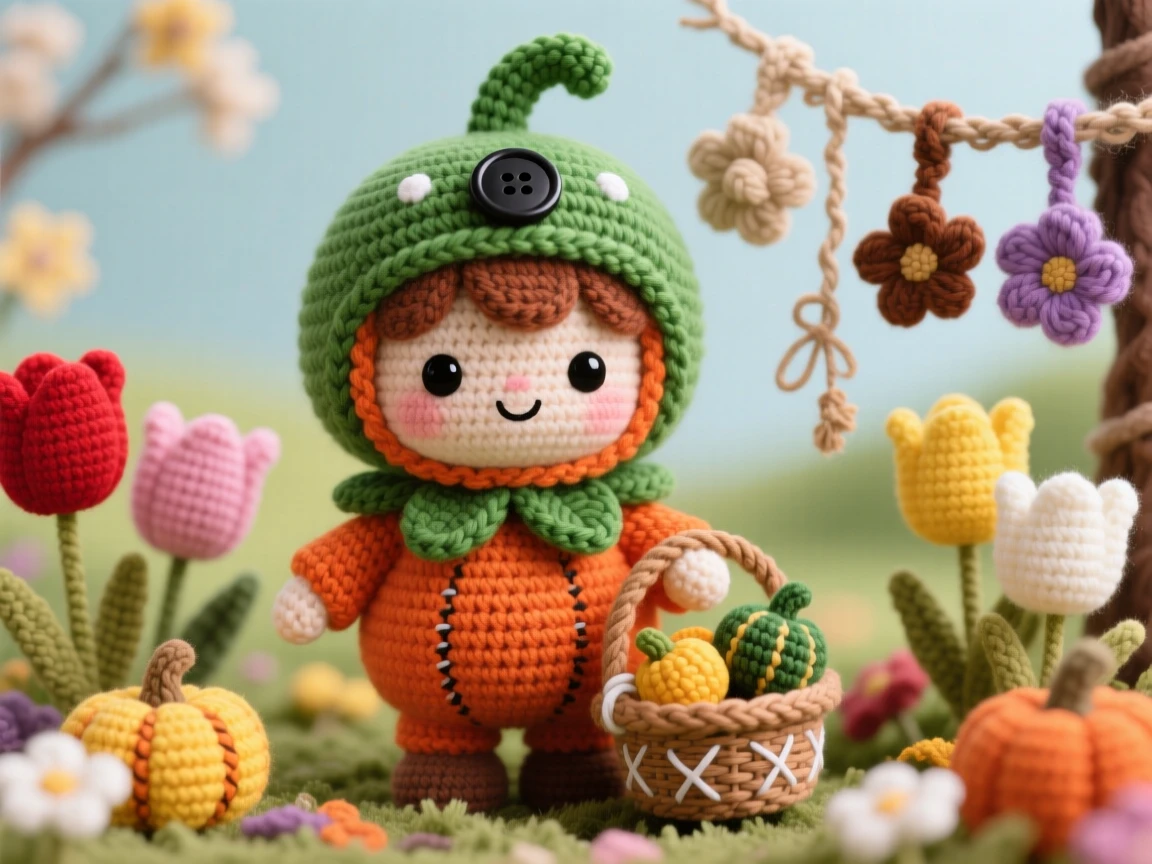 a small child in a harvest costume, dressed as a pumpkin, is shown carrying a small basket of gourds in a blooming spring garden full of tulips beside a garland of dried flowers, capturing nostalgic, storybook seasonal charm.
