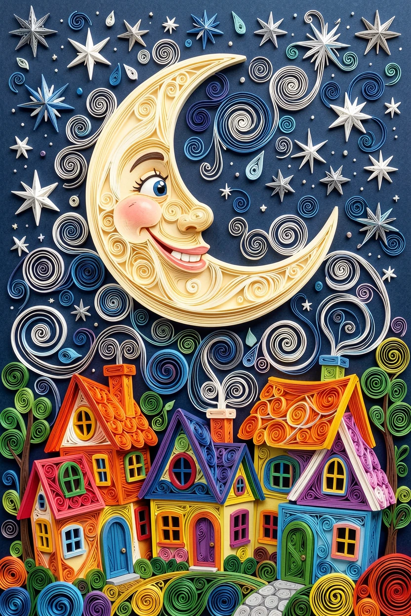 a starry night sky with a smiling crescent moon, in a whimsical storybook village, composed with a fun, exaggerated sense of scale, in a cheerful rainbow palette.