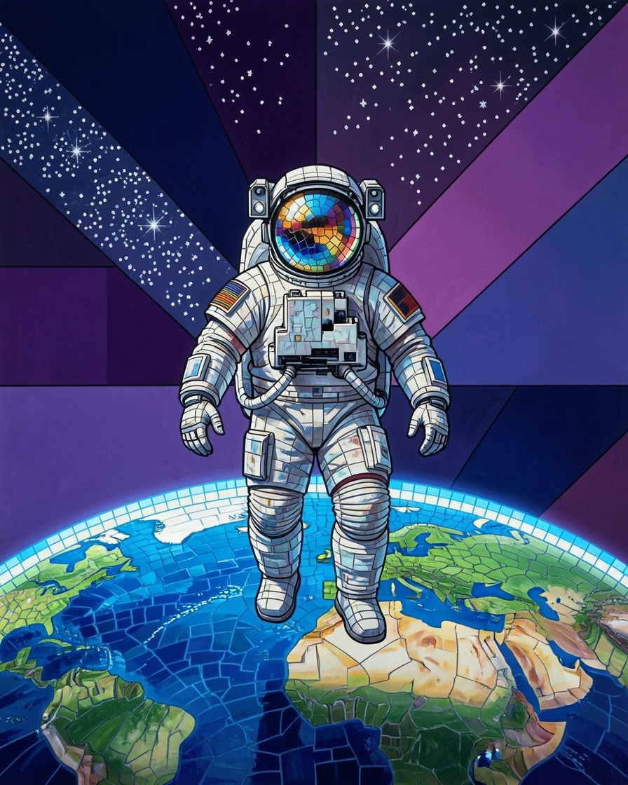 A dramatic close view of a lone astronaut floating above the glowing curve of Earth, glowing with rich cosmic color.