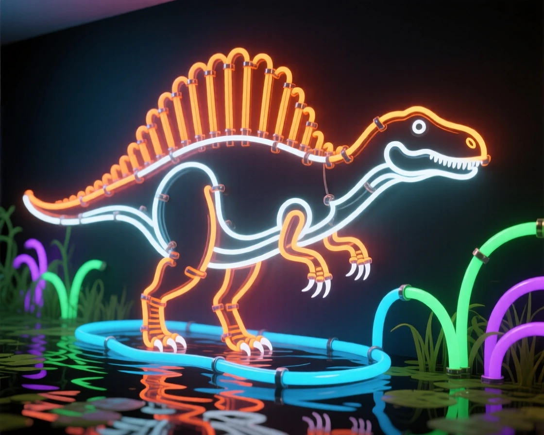 A Spinosaurus wading through a prehistoric swamp.