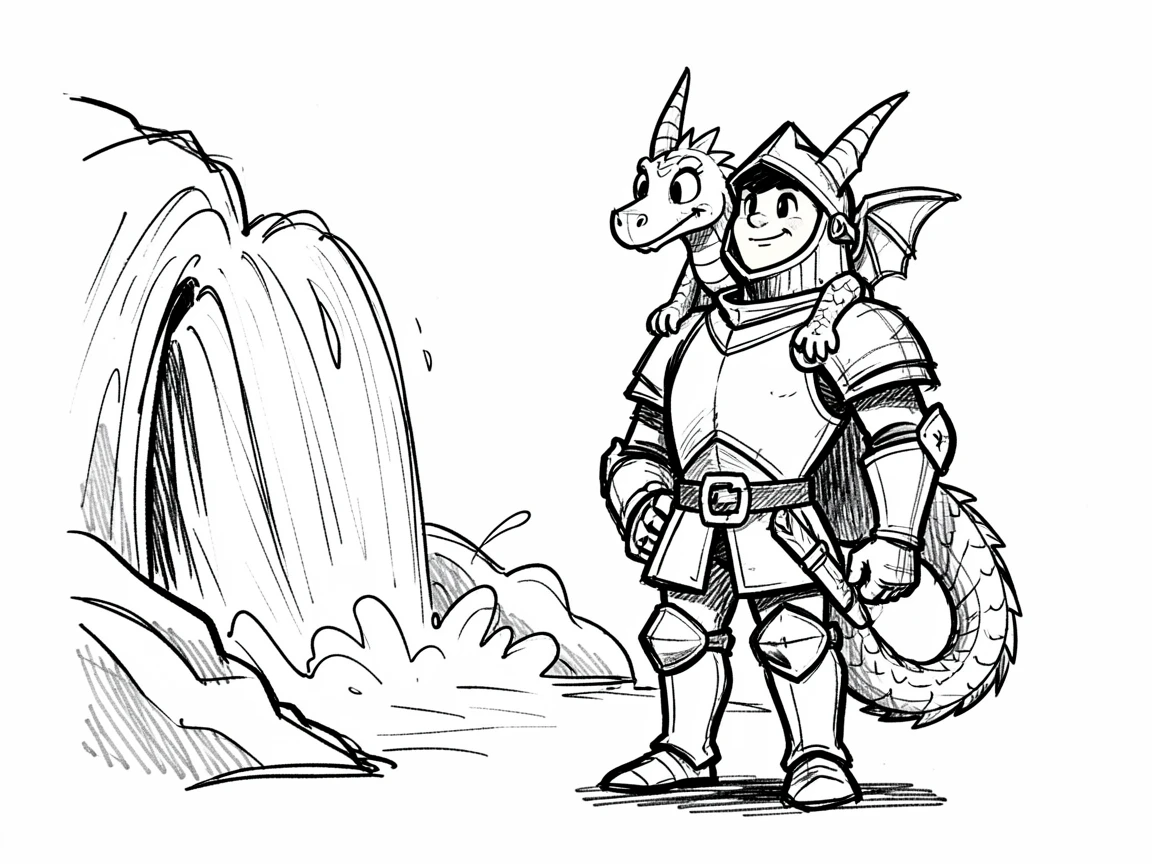 A tiny dragon riding on a knight's shoulder beside a roaring waterfall.