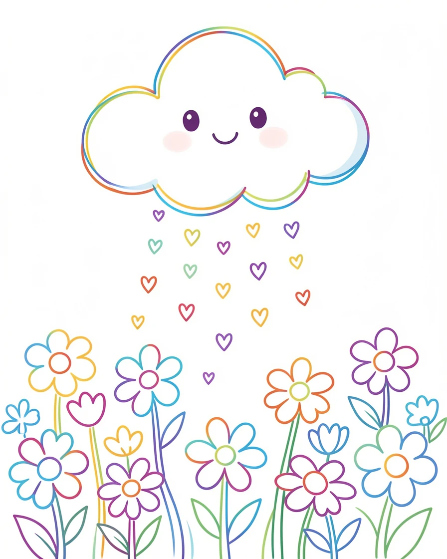 A cheerful cloud character raining tiny hearts over a flower field.