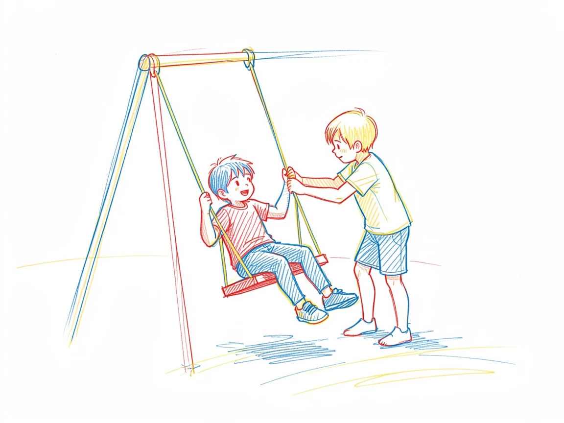Siblings sharing a swing set, one pushing the other higher