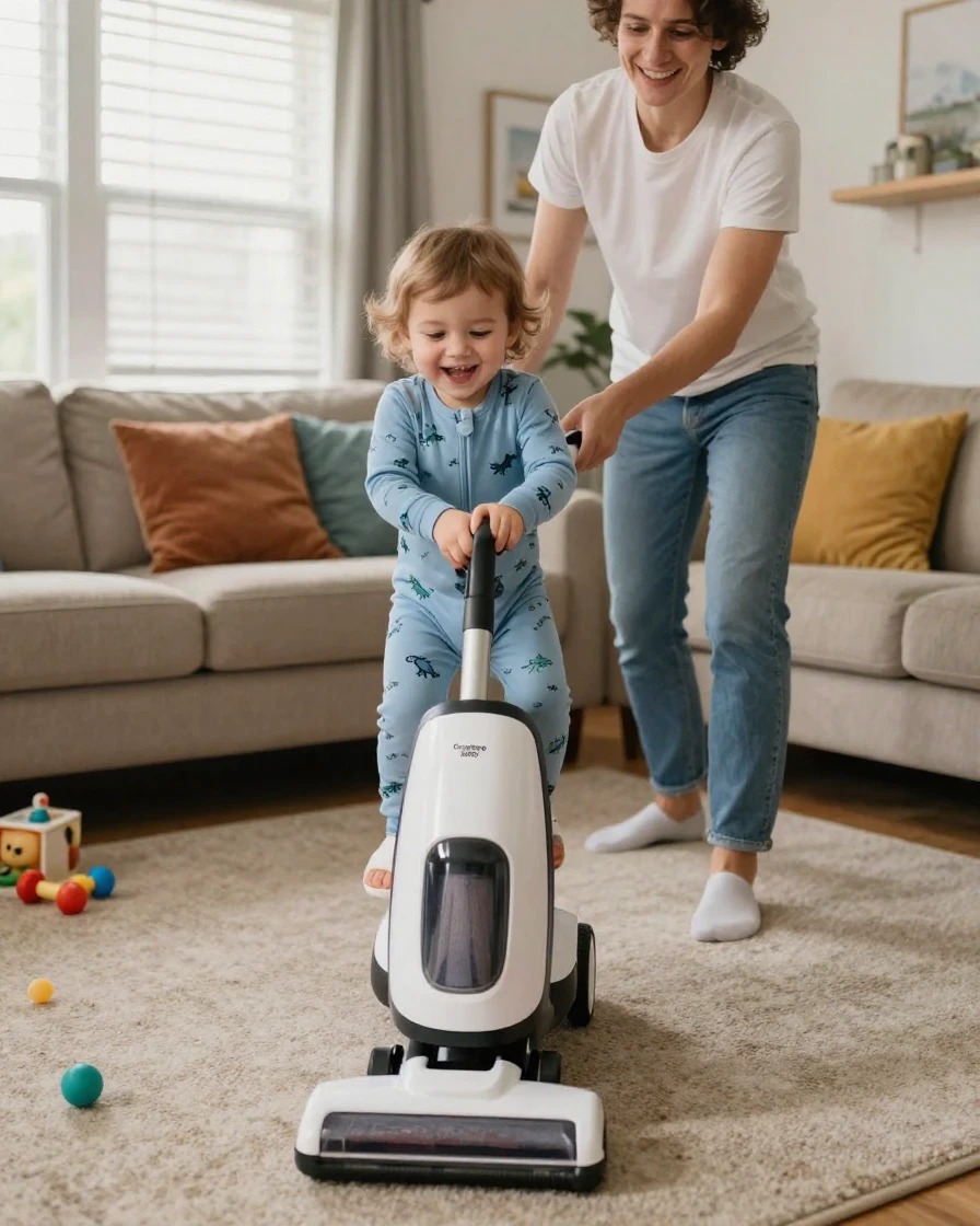 A toddler insists on 'helping' vacuum by riding on top of it.
