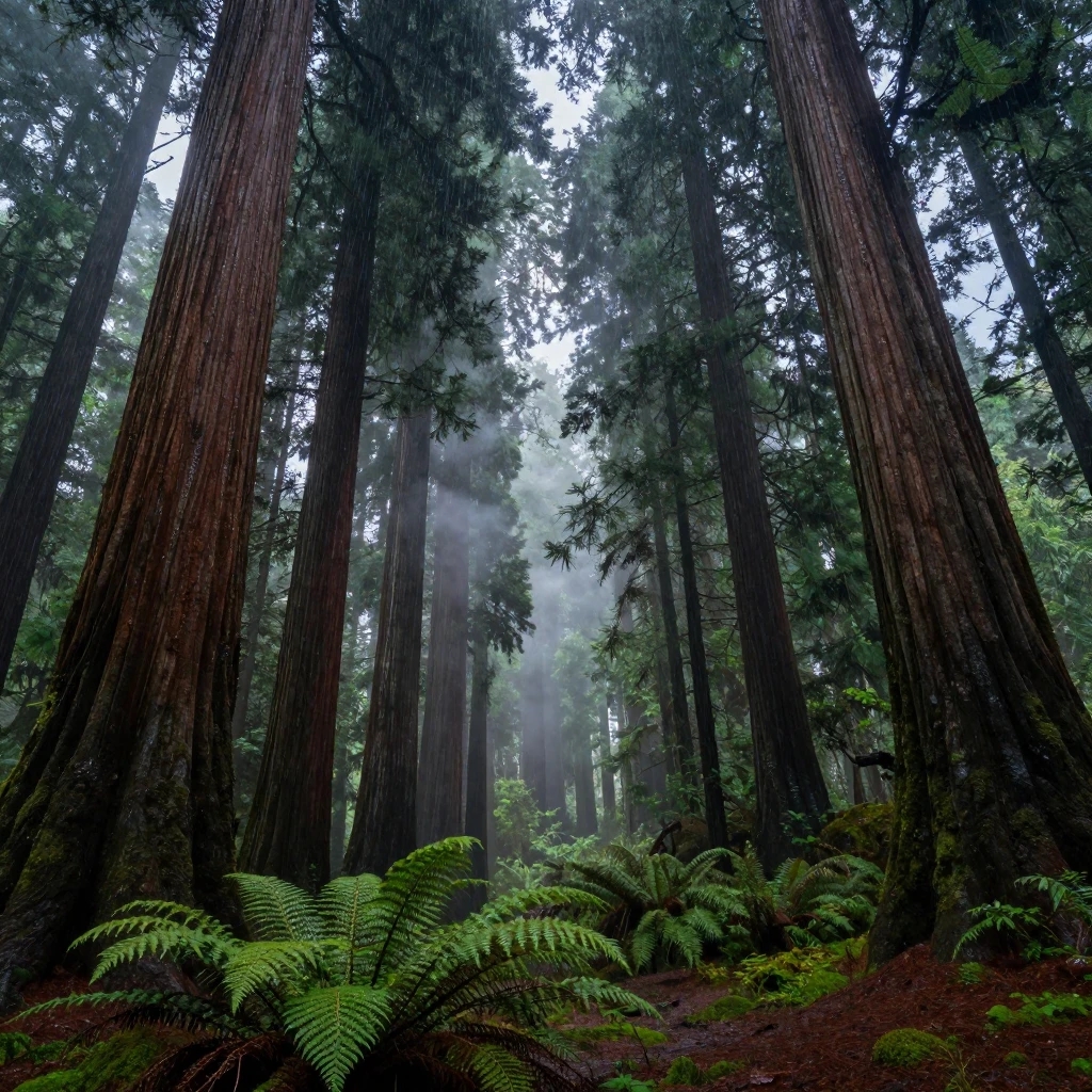 A dense forest of ancient redwoods, stretching endlessly during a sudden summer storm