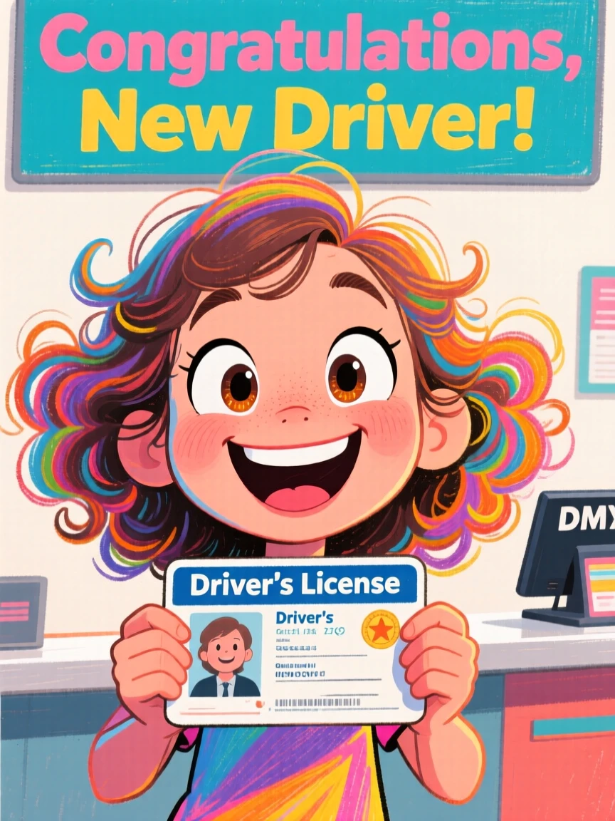 A young girl receiving her driver's license, holding it up triumphantly.