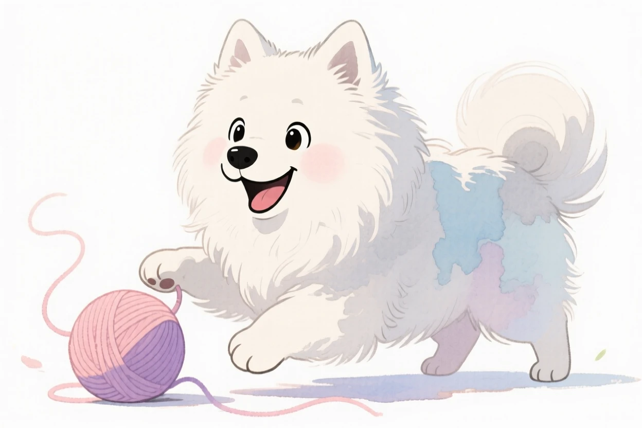 A fluffy samoyed playing with a ball of yarn