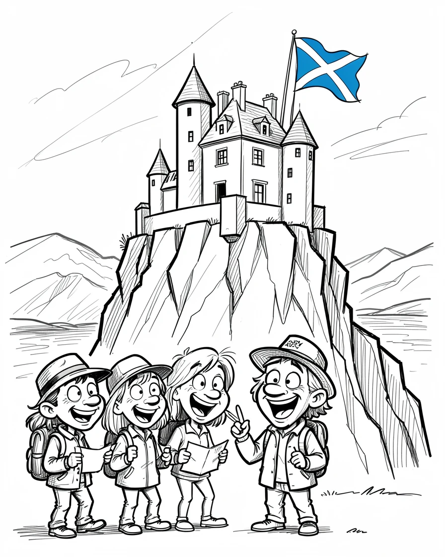 [Travel & Cultural Experiences] Vivid travel scene of a family visiting a castle perched on a cliff in Scotland, full of wonder and adventure