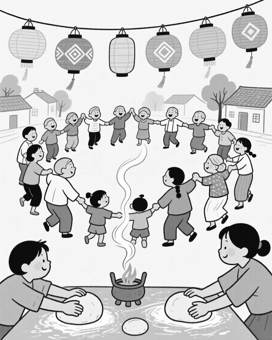 An entire village dancing together in a circle, guiding small hands through kneading dough, set beneath strings of colorful paper lanterns. Incense smoke curls gently upward. It captures the warmth of celebration shared across generations.