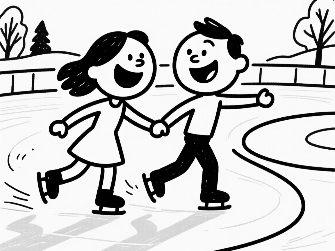 A winter ice skating rink scene with a couple holding hands, laughing as they glide.