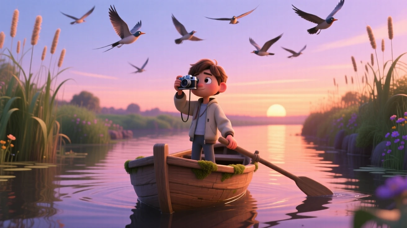 A photographer studying the horizon stands on a small boat gliding through a quiet canal, letting the wind catch their jacket. The scene feels vast, calm, and full of possibility, with distant birds gliding on the breeze.