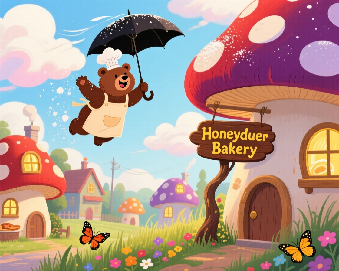 In a neighborhood of mushroom-cap houses, a bear who runs a bakery spends the day flying through the clouds using an umbrella, while a warm glow radiates from every window.