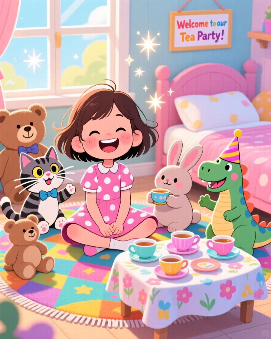 A girl imagining her stuffed animals coming to life for a tea party.